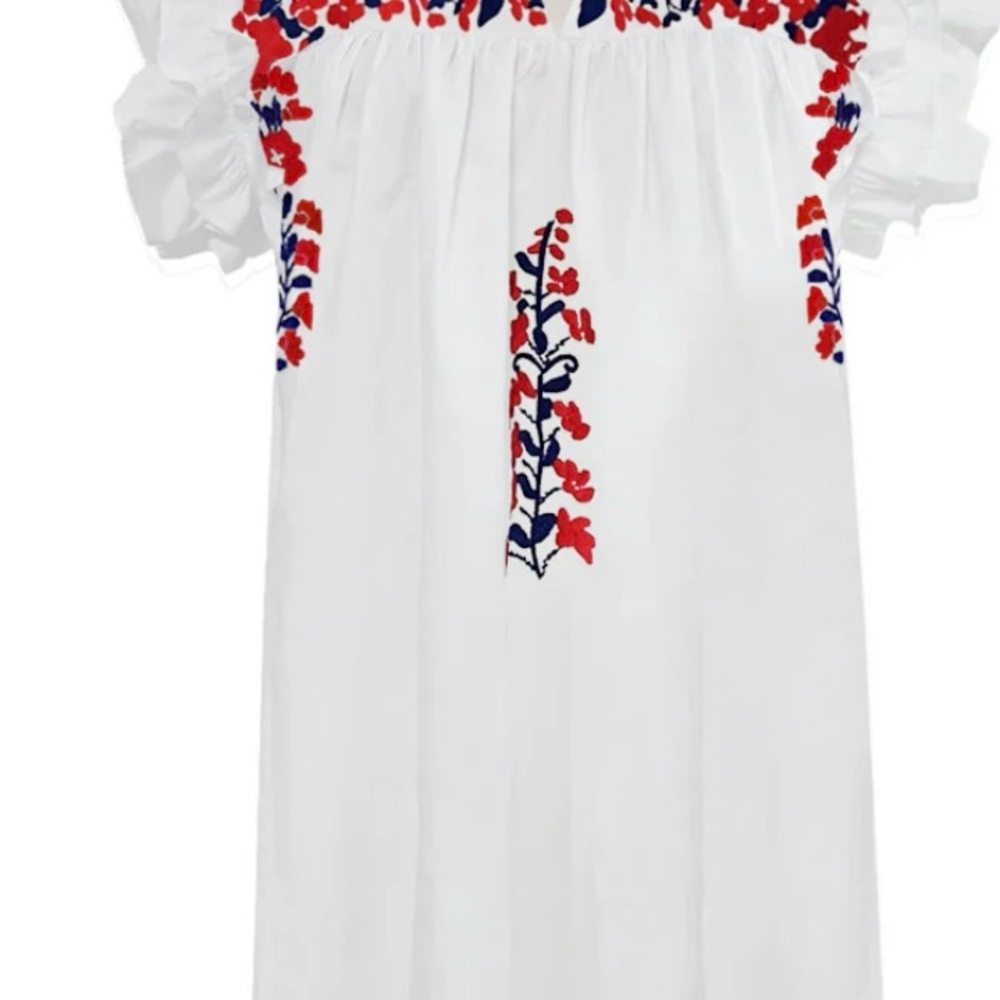 White Dress with Red and Blue Embroidery
